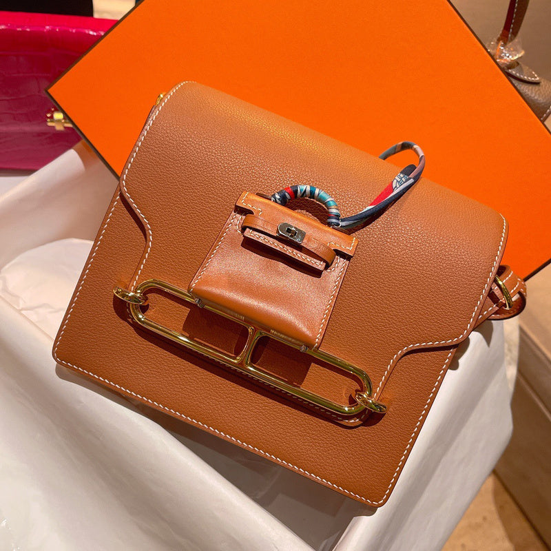 Side view of understated structured handbag