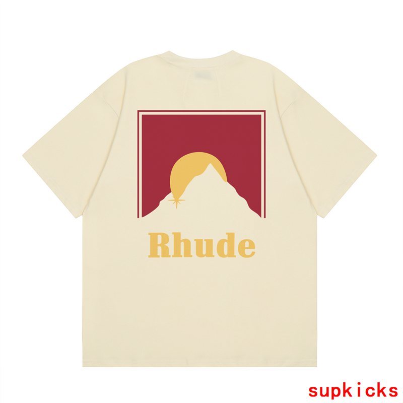 Close-up detail shot of Rhude luxury clothing with signature branding
