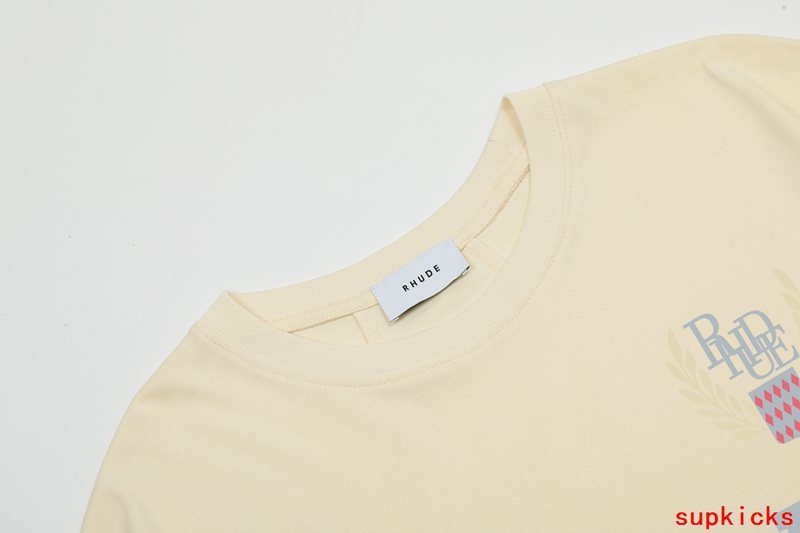 Side profile of Rhude luxury clothing with signature branding