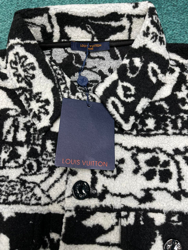 Close-up detail shot of Louis Vuitton luxury clothing with runway-inspired design