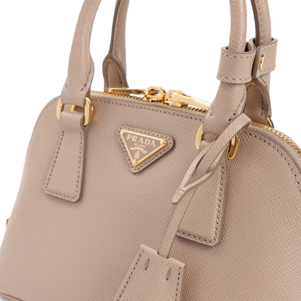 Close-up of Prada handbags hardware and fine stitching