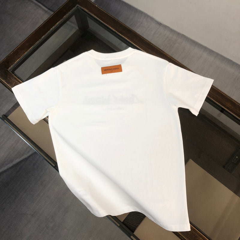 Close-up detail shot of Louis Vuitton cotton t-shirt with runway-inspired design