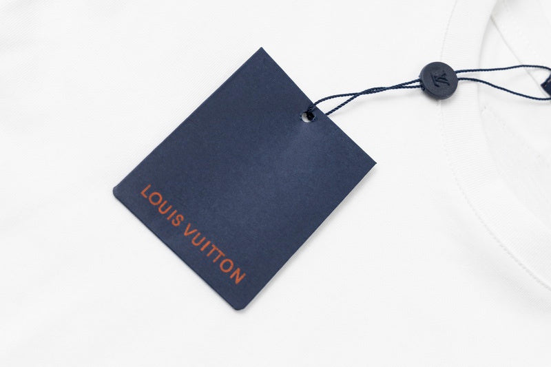 Close-up detail shot of Louis Vuitton cotton t-shirt with logo-detail design