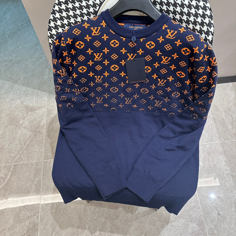 Front view of Louis Vuitton luxury clothing with label-forward styling