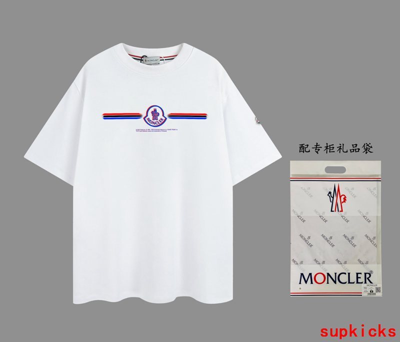 Front view of Moncler luxury clothing with logo-detail design