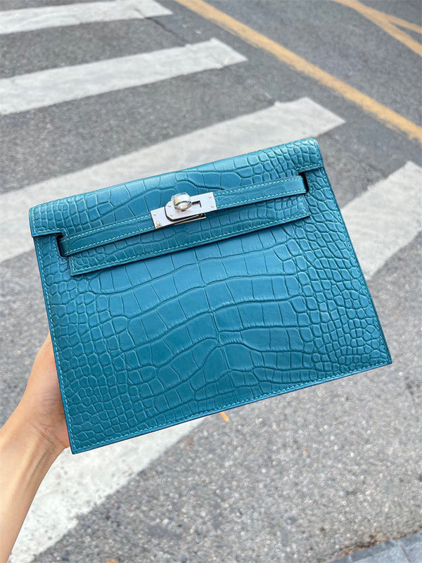 Side view of sleek structured handbag