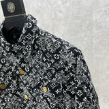 Flat lay presentation of Louis Vuitton luxury clothing with label-forward styling