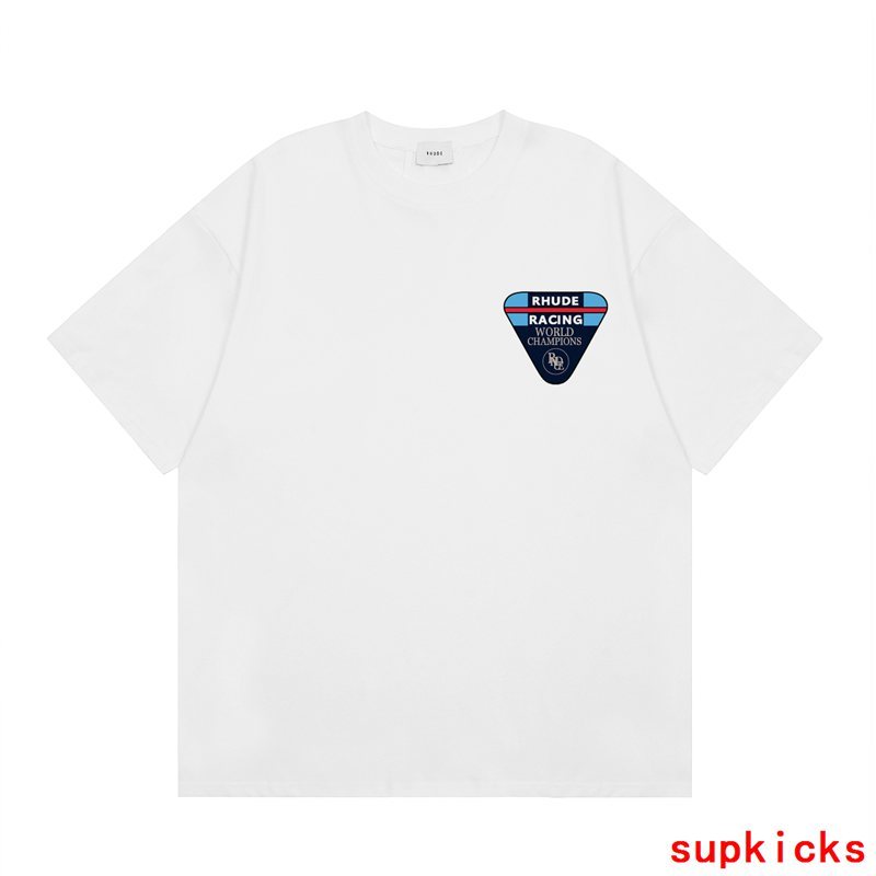 Front view of Rhude luxury clothing with signature branding