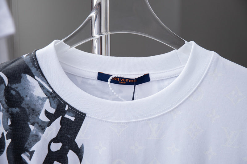 Close-up detail shot of Louis Vuitton cotton t-shirt with logo-detail design