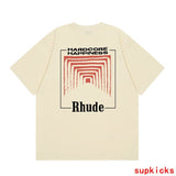 Front view of Rhude luxury clothing with monogram-inspired silhouette