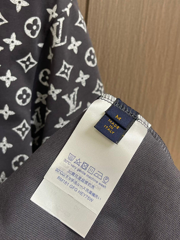 Close-up detail shot of Louis Vuitton cotton t-shirt with logo-detail design