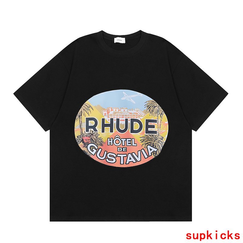 Side profile of Rhude luxury clothing with signature branding