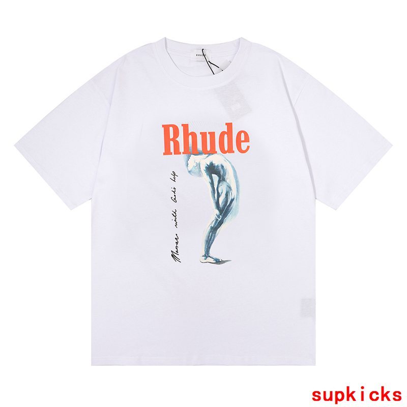 Flat lay presentation of Rhude luxury clothing with contemporary cut