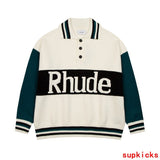 Front view of Rhude luxury clothing with signature branding