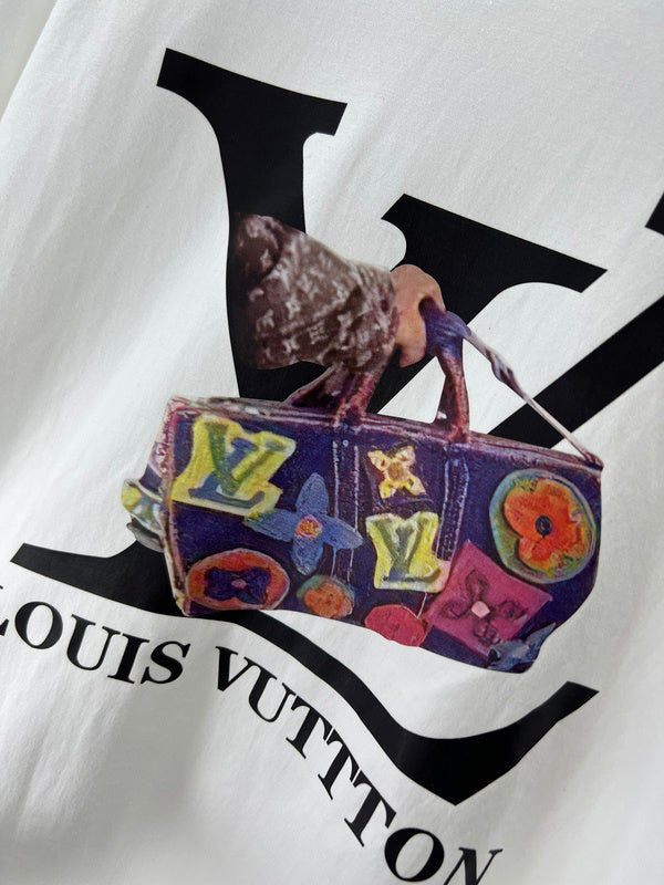 Flat lay presentation of Louis Vuitton luxury clothing with monogram-inspired silhouette