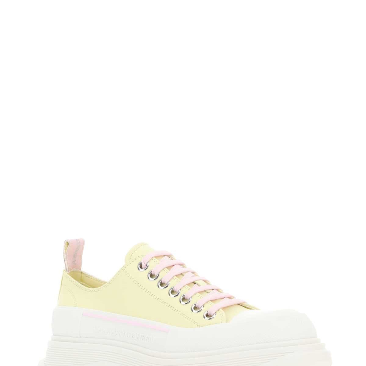 Alexander McQueen Shoes? Alexander Mcqueen Women Pastel Yellow Leather Tread Slick Sneakers Comfortable Everyday Designer Shoes