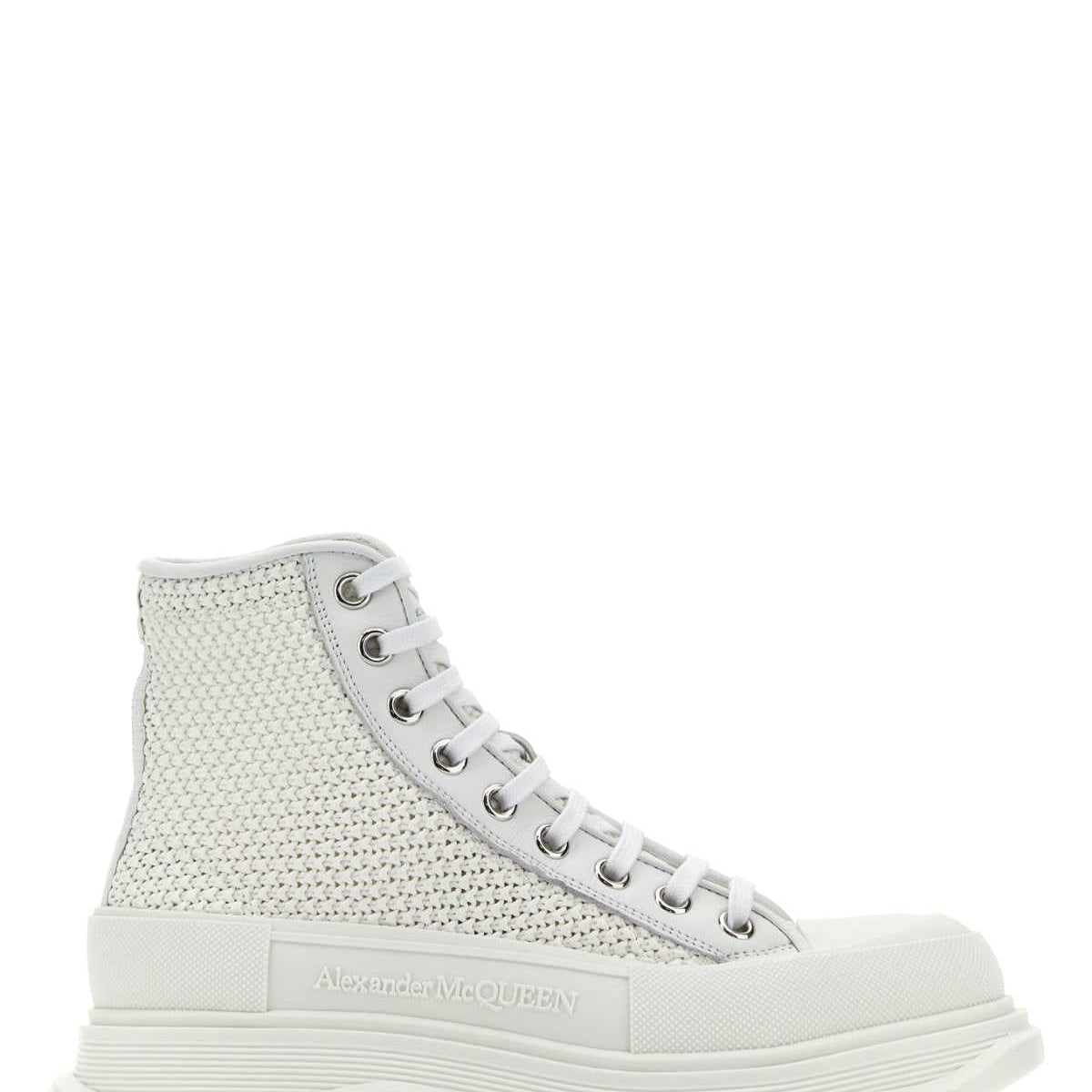 Alexander McQueen Shoes- Alexander Mcqueen Women White Raffia Tread Slick Sneakers Luxury Lifestyle Designer Footwear