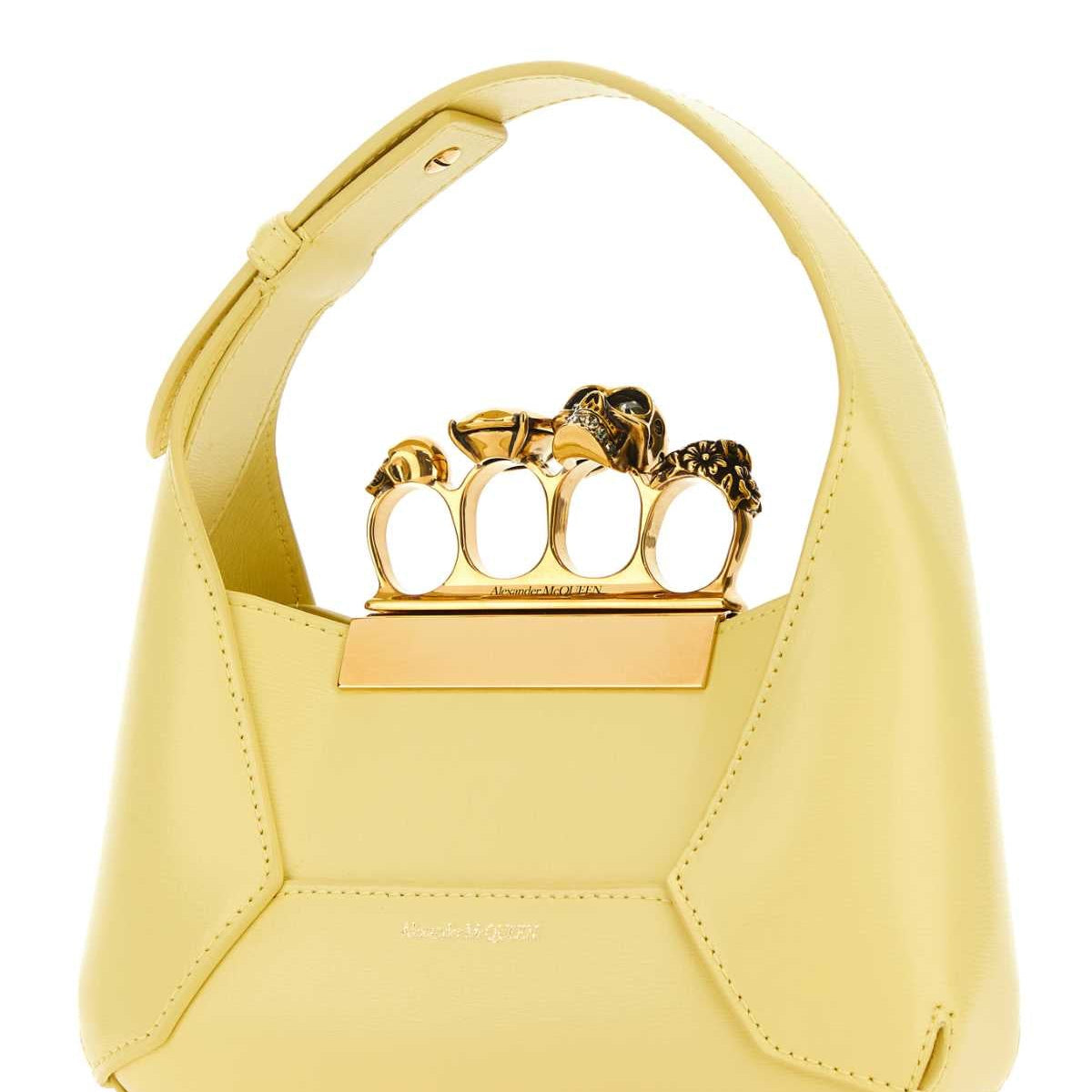 Alexander McQueen Bags? Alexander Mcqueen Women Pastel Yellow Leather Mini Jewellered Hobo Handbag Luxury Designer Leather Handbag