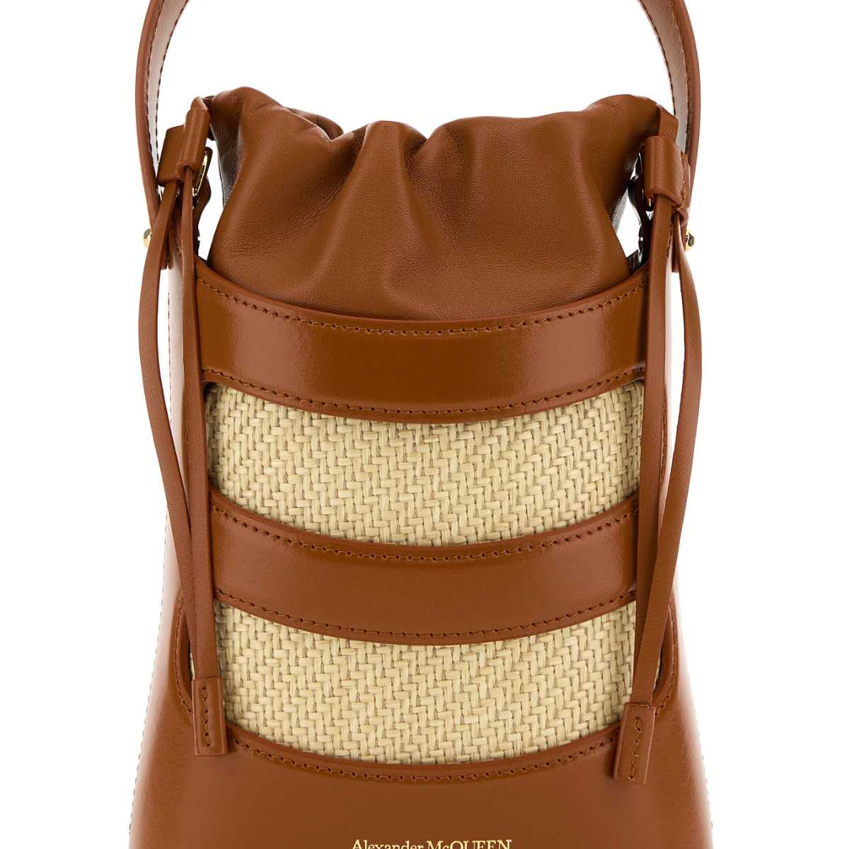 Alexander McQueen Bags- Alexander Mcqueen Women Two-Tone Leather And Raffia Mini The Rise Bucket Bag Premium Designer Shoulder Bag