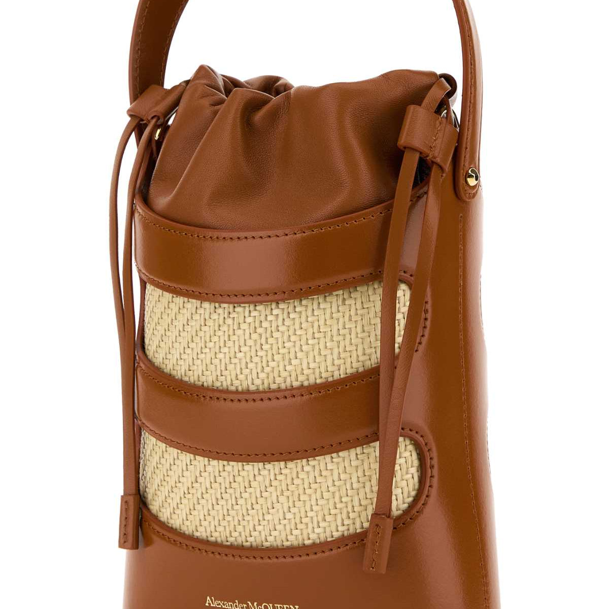Alexander McQueen Bags? Alexander Mcqueen Women Two-Tone Leather And Raffia Mini The Rise Bucket Bag Luxury Designer Leather Handbag