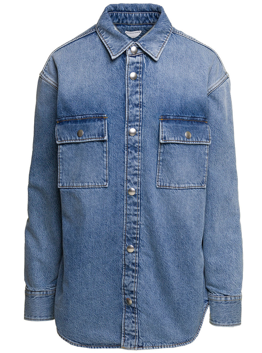 Bottega Veneta Tops? Bottega Veneta Women Indigo Medium Washing 'Vintage' Shirt With Patch Pockets In Cotton Denim Woman Premium Designer Casual Top