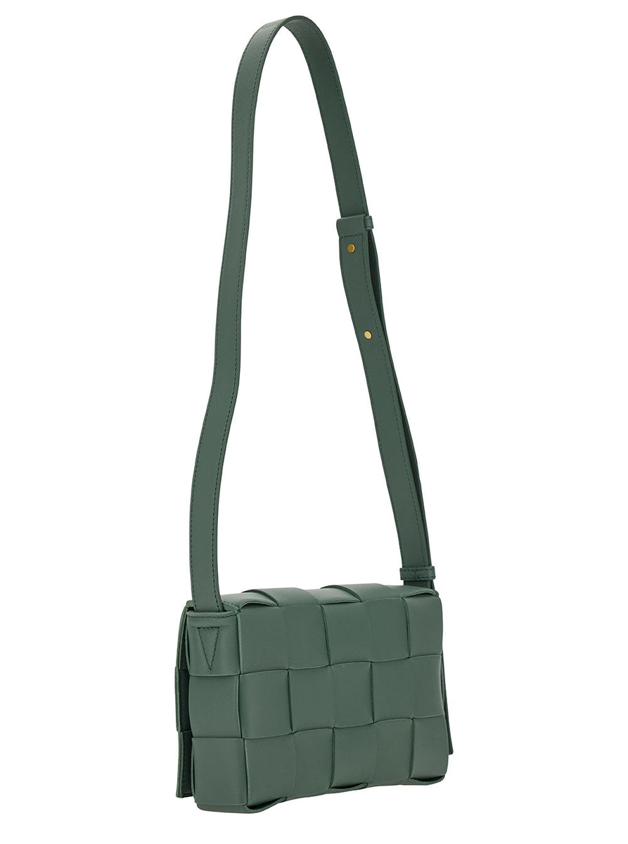Bottega Veneta Bags? Bottega Veneta Women 'Cassette' Green Crossbody Bag With Intreccio Motif In Leather Woman Elegant Everyday Designer Handbag