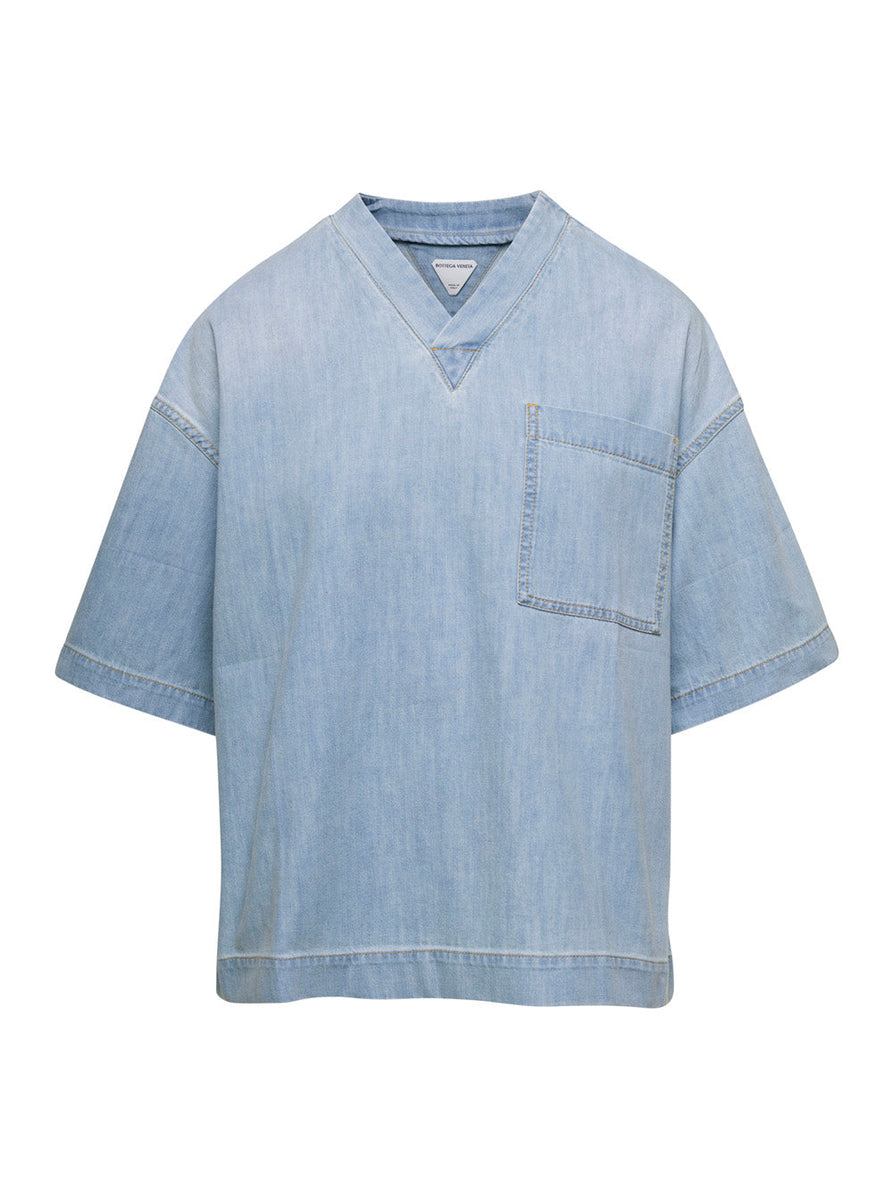 Bottega Veneta T-Shirts? Bottega Veneta Women Light Blue V Neckline T-Shirt In Denim Woman Premium Designer Cotton T-Shirt