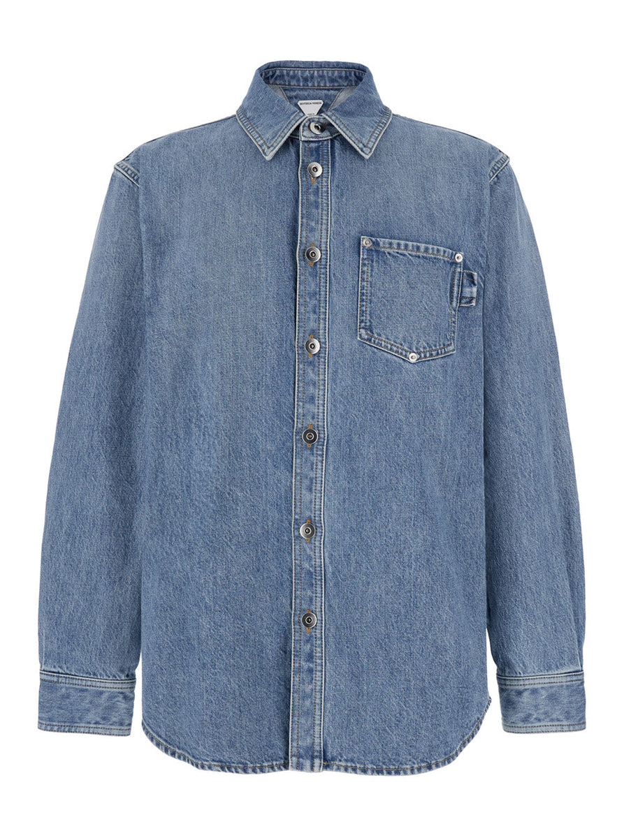 Bottega Veneta Tops? Bottega Veneta Men Light Blue Oversized Shirt With Patch Pocket In Cotton Denim Man Elegant Everyday Designer Top