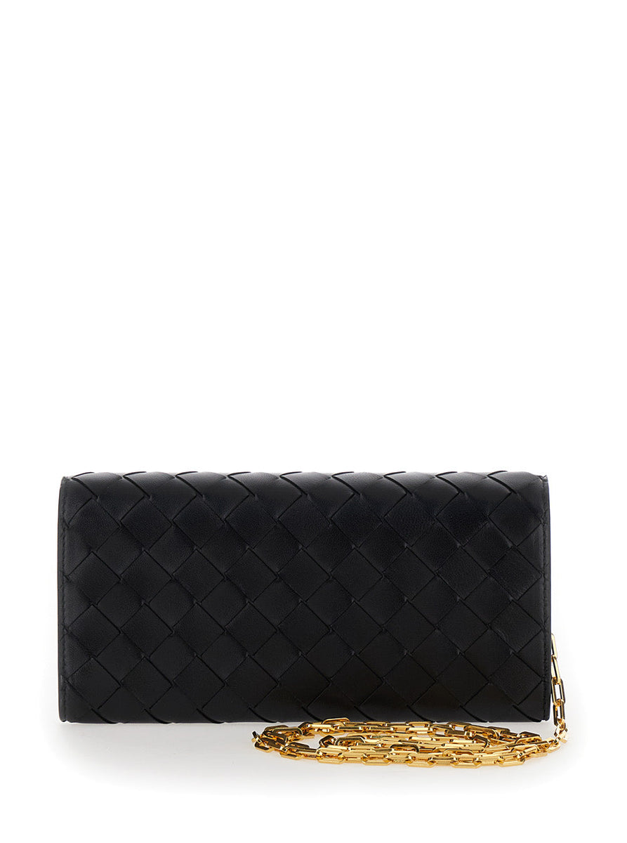 Bottega Veneta Wallets? Bottega Veneta Women Black Chain Wallet With Intreccio Motif In Leather Woman Elegant Everyday Leather Wallet