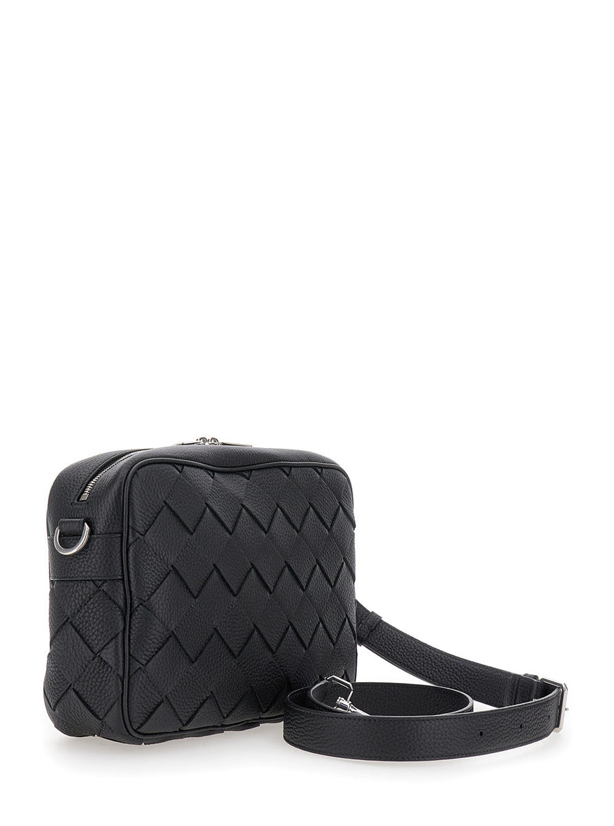 Bottega Veneta Bags? Bottega Veneta Men 'Messenger Medium' Black Crossbody Bag With Intreccio Motif In Hammered Leather Man Premium Designer Shoulder Bag