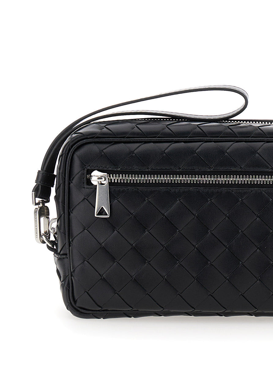 Bottega Veneta Bags? Bottega Veneta Men 'Intrecciato Small' Black Pouch With Strap In Leather Man Elegant Everyday Designer Handbag
