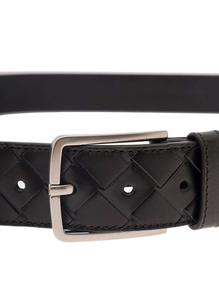 Bottega Veneta Belts? Bottega Veneta Men Black Belt With Silver-Colored Buckle In Intreccio Leather Man Premium Leather Designer Belt