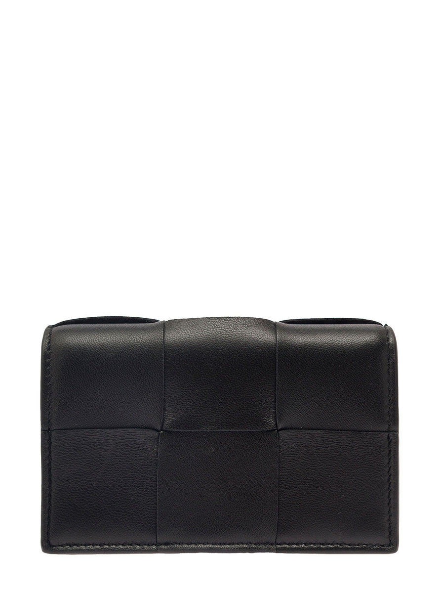 Bottega Veneta Wallets? Bottega Veneta Women 'Cassette' Black Business Card Case In Intreccio Leather Woman Compact Luxury Card Wallet