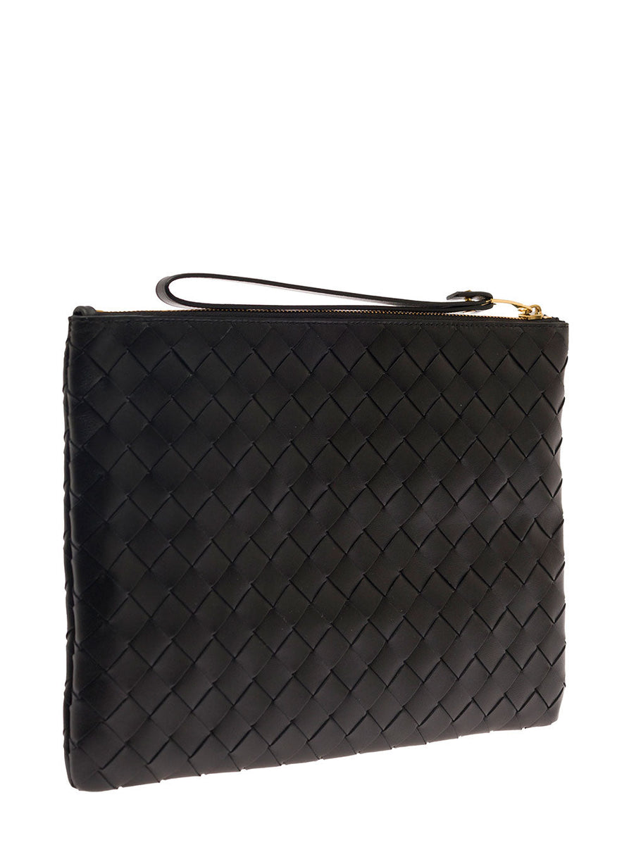 Bottega Veneta Bags? Bottega Veneta Women Black Pouch With Braided Motif In Nappa Leather With Zip Woman Luxury Designer Leather Handbag