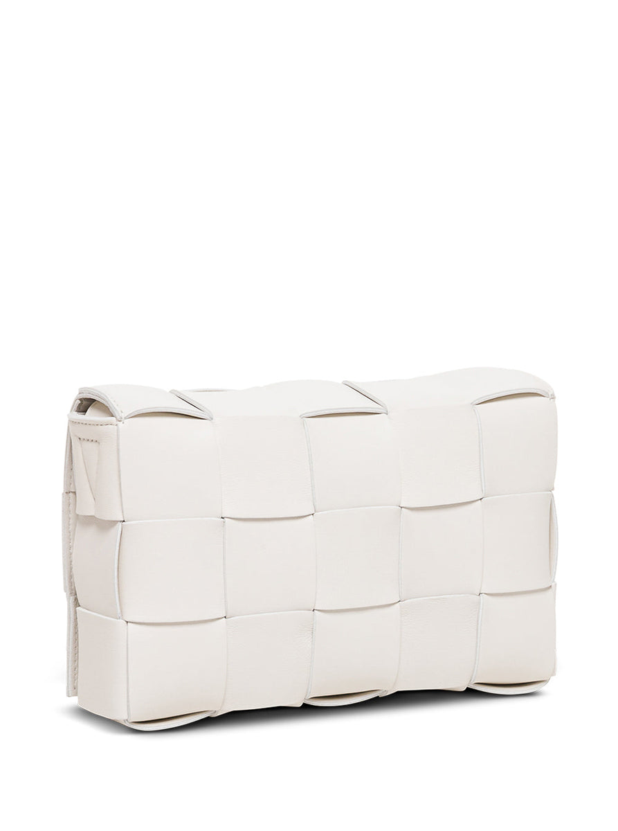 Bottega Veneta Bags? Bottega Veneta Women Cassette White Leather Crossbody Bag In Intreccio Nappa Leather Luxury Designer Leather Handbag
