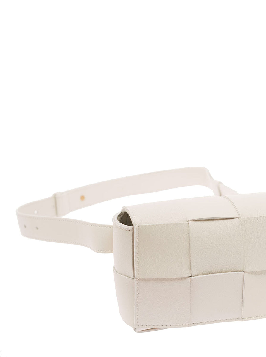 Close-up of Bottega Veneta backpacks hardware and fine stitching