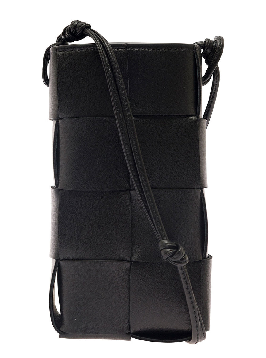 Bottega Veneta Bags? Bottega Veneta Women 'Phone Pouch' Black Shoulder Bag With Knot Details In Intreccio Nappa Leather Woman Luxury Designer Leather Handbag
