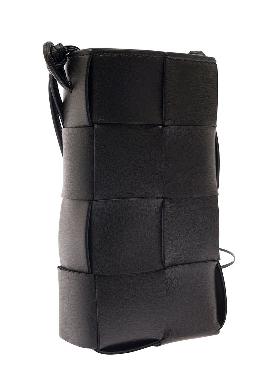 Bottega Veneta Bags? Bottega Veneta Women 'Phone Pouch' Black Shoulder Bag With Knot Details In Intreccio Nappa Leather Woman Luxury Designer Leather Handbag