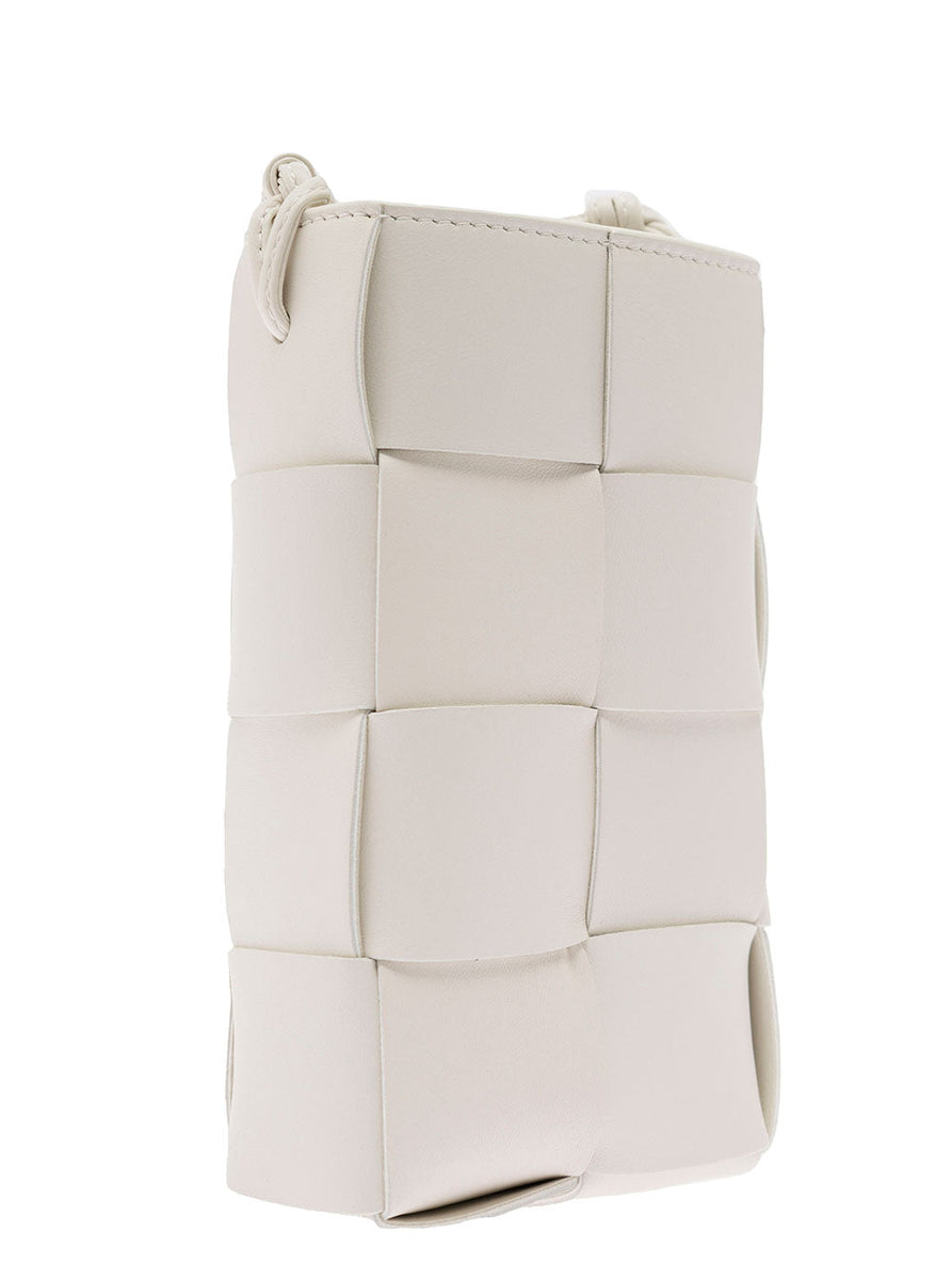 Bottega Veneta Bags? Bottega Veneta Women 'Phone Pouch' White Shoulder Bag With Knot Details In Intreccio Nappa Leather Woman Elegant Everyday Designer Handbag
