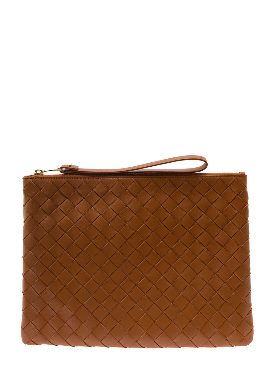 Bottega Veneta Bags? Bottega Veneta Women Brown Pouch With Wrist Strap In Intreccio Leather Woman Luxury Designer Leather Handbag