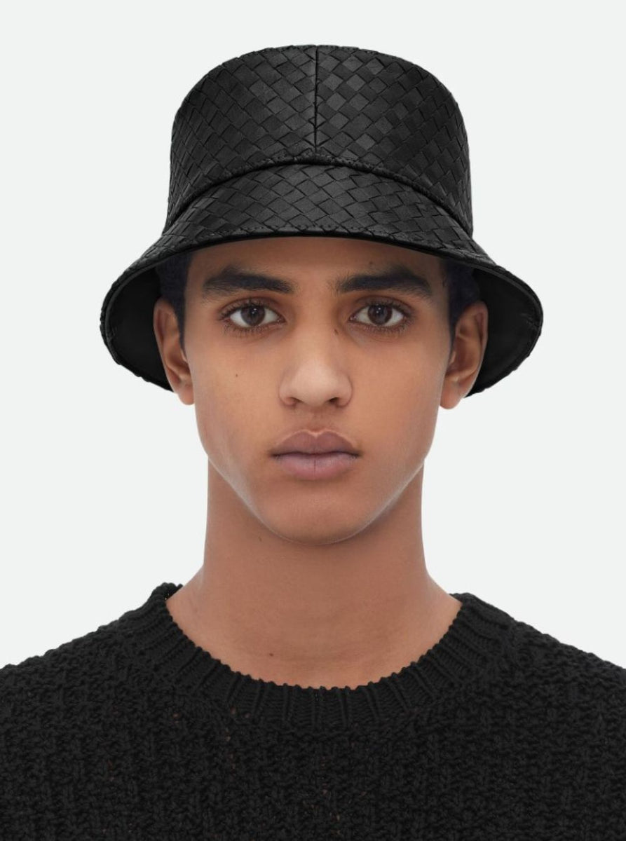 Bottega Veneta Hats? Bottega Veneta Men Black Bucket Hat With Metal Eyelets And Intreccio Motif In Leather Man Casual Everyday Designer Cap