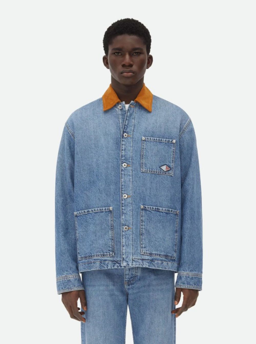 Bottega Veneta Jackets? Bottega Veneta Men Blue Jacket With Suede Collar And Logo Patch In Denim Man Stylish Everyday Designer Outerwear