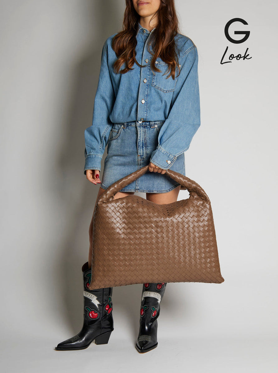Bottega Veneta Bags? Bottega Veneta Women 'Hop Large' Brown Shoulder Bag With All-Over Intreccio Motif In Leather Woman Premium Designer Shoulder Bag