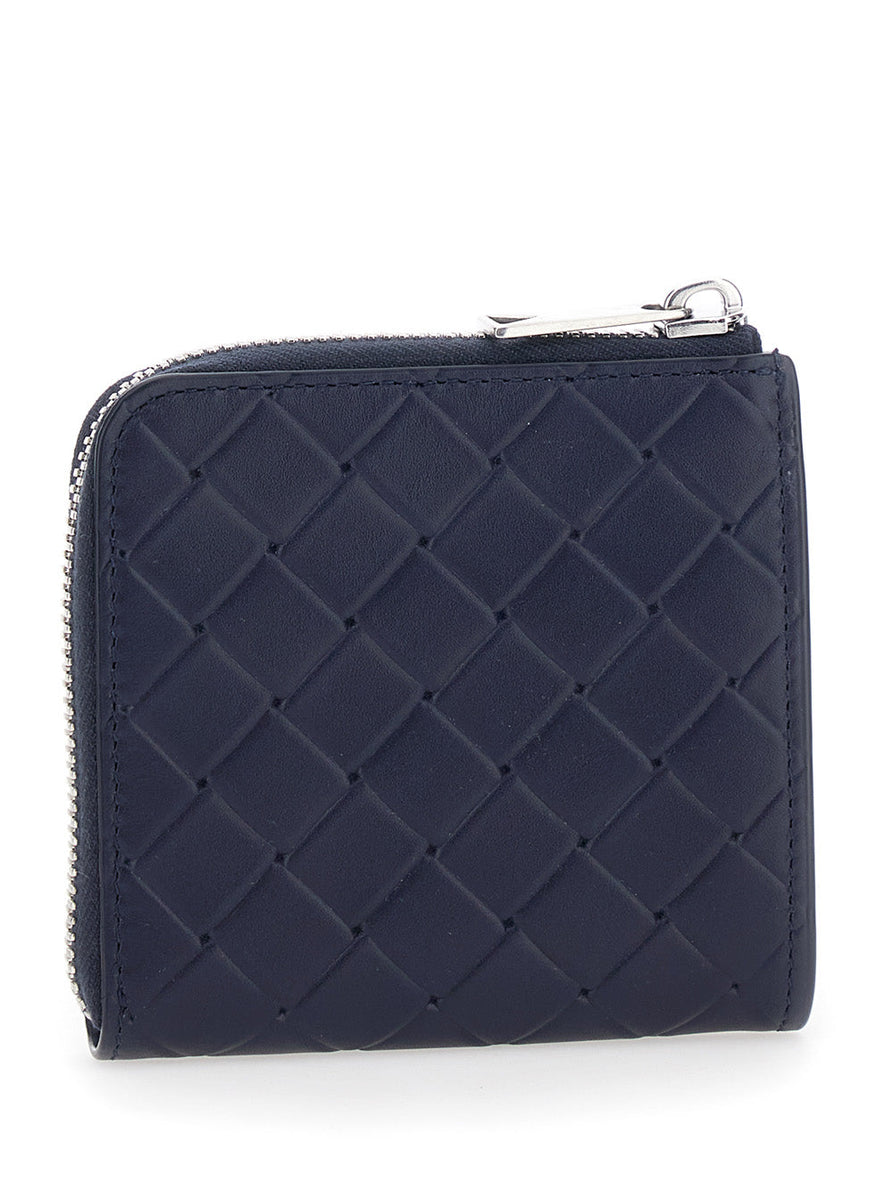 Bottega Veneta Wallets? Bottega Veneta Men Blue Wallet With All-Over Intreccio Motif In Leather Man Compact Luxury Card Wallet