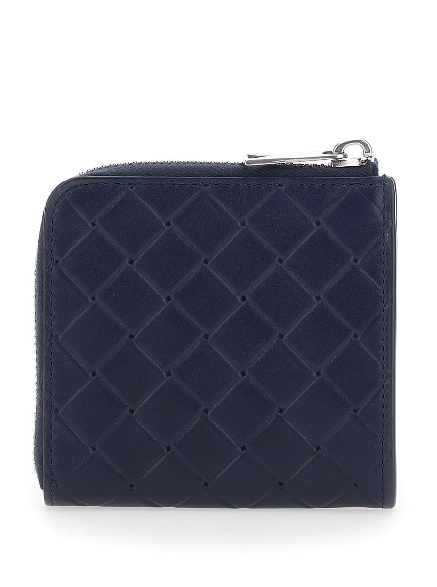 Bottega Veneta Wallets? Bottega Veneta Men Blue Wallet With All-Over Intreccio Motif In Leather Man Compact Luxury Card Wallet
