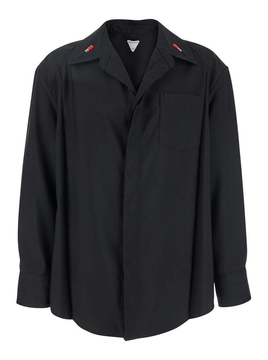 Bottega Veneta Tops? Bottega Veneta Men Black Shirt With Enamelled Match Shape Details And Chest Pocket In Wool Woman Elegant Everyday Designer Top