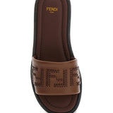 Close-up of Fendi sandals hardware and fine stitching
