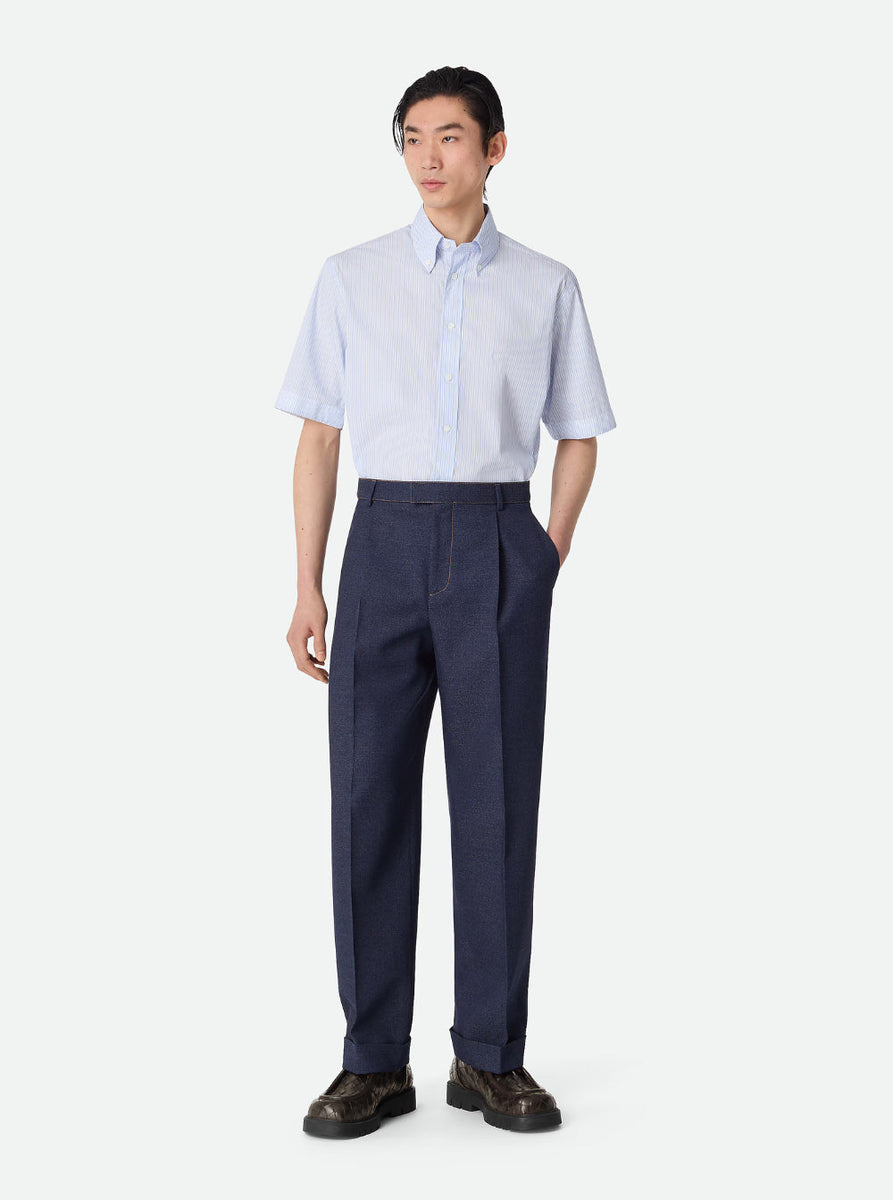 Bottega Veneta Pants? Bottega Veneta Men Blue Pants With Belt Loops And Turn-Up Hem In Wool Man Tailored Everyday Designer Pants