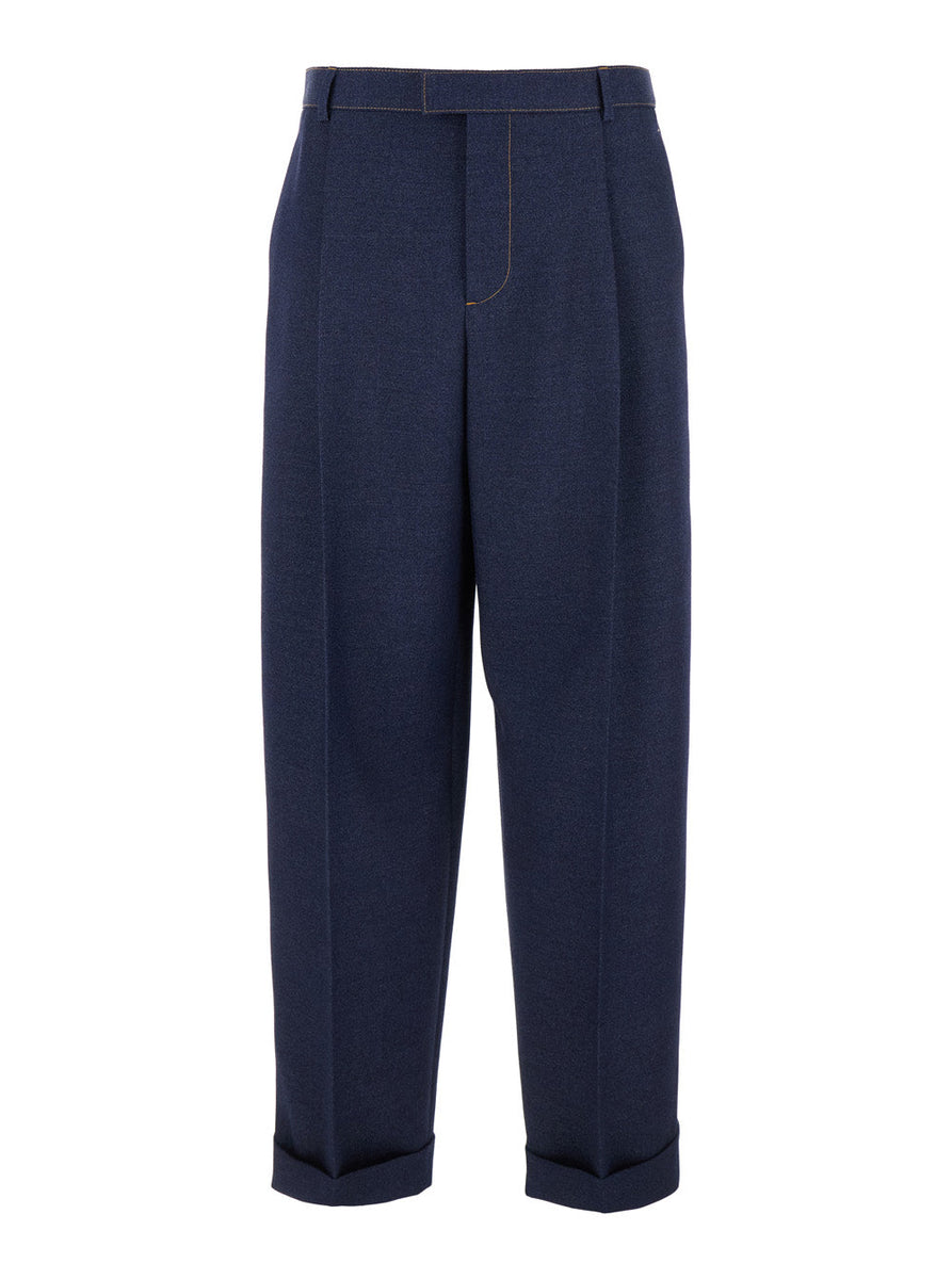 Bottega Veneta Pants? Bottega Veneta Men Blue Pants With Belt Loops And Turn-Up Hem In Wool Man Tailored Everyday Designer Pants