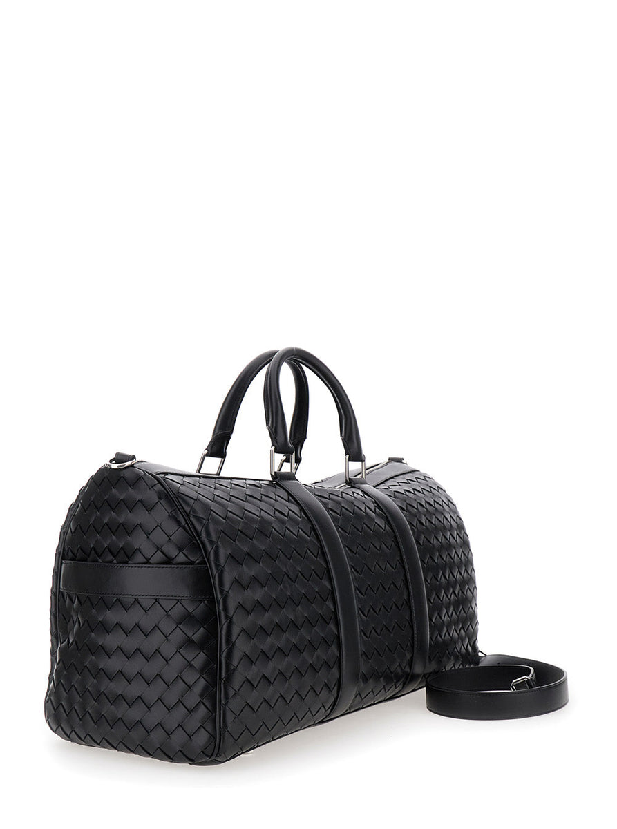 Bottega Veneta Bags? Bottega Veneta Men Black Travel Bag With Intrecciato Motif And Shoulder Strap In Leather Man Luxury Designer Leather Handbag
